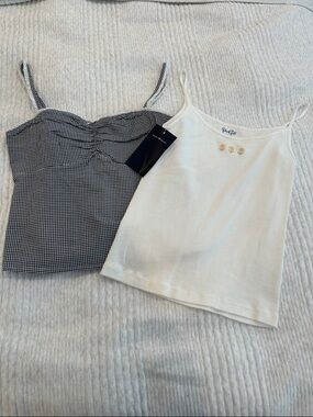 Brandy Melville White Daisy-Accent Spaghetti Strap and navy and white tank